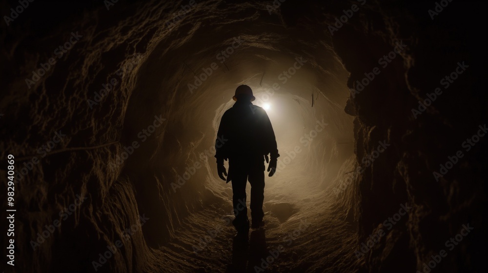 Fototapeta premium A lone individual explores a shadowy underground passageway, guided only by a distant light illuminating the rough stone walls