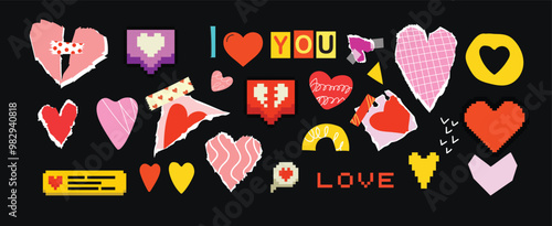 Collage art elements with vintage paper hearts torn elements set. Happy valentine's day concept for greeting cards, poster. Trendy Vector illustration.