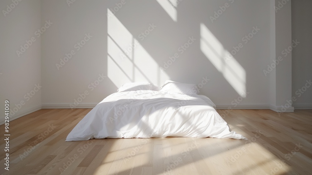 Sunlight streams through large windows, casting shadows across a minimalist bedroom with a neatly made bed featuring crisp white linens on a warm wooden floor Sunlight streams through large windows, casting shadows across a minimalist bedroom with a neatly made bed featuring crisp white linens on a warm wooden floor