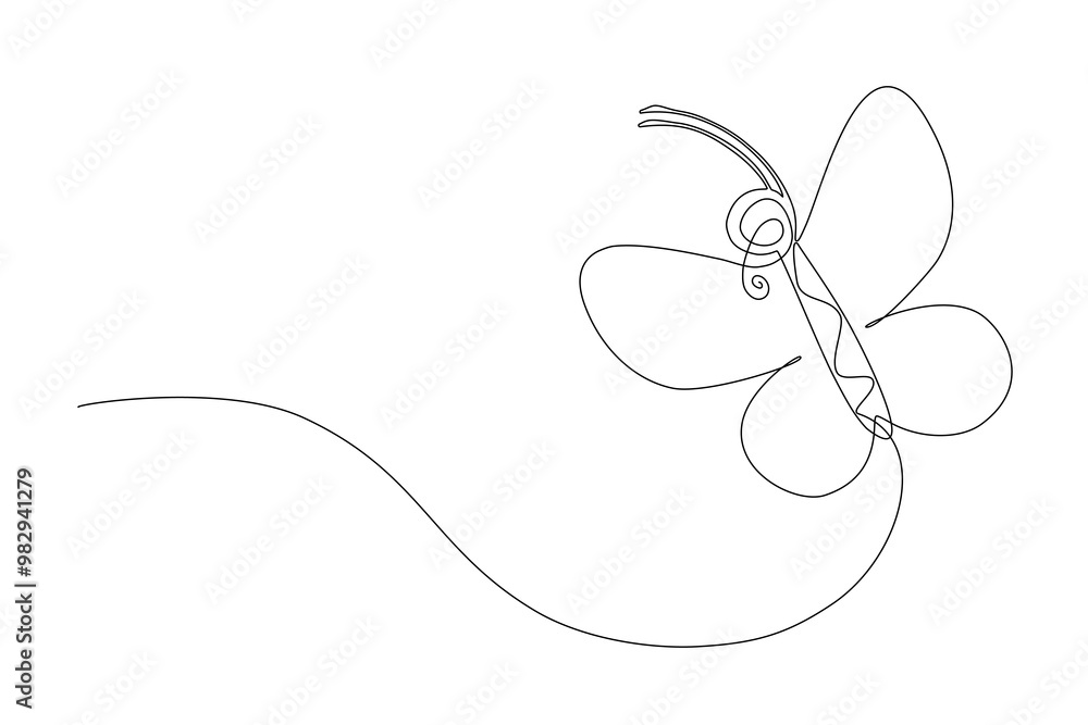 Continuous one line of a cute cartoon butterfly flying isolated on white background, Vector Illustration Continuous one line of a cute cartoon butterfly flying isolated on white background, Vector Illustration