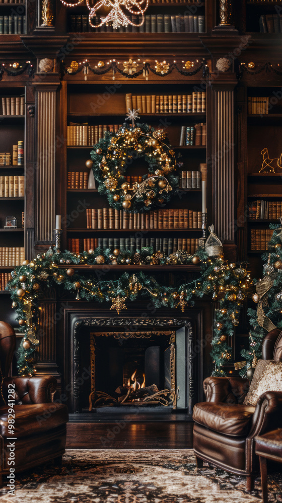 Cozy holiday-decorated library with a warm fireplace, Christmas wreath, and festive garlands. Concept of holiday warmth, luxurious interior design, Christmas decorations. Vertical Cozy holiday-decorated library with a warm fireplace, Christmas wreath, and festive garlands. Concept of holiday warmth, luxurious interior design, Christmas decorations. Vertical