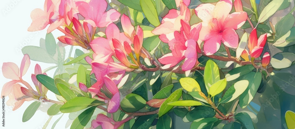 Close up painting of an Impala Lily featuring pink blooms lush green leaves and characteristics of the Adenium obesum plant Close up painting of an Impala Lily featuring pink blooms lush green leaves and characteristics of the Adenium obesum plant