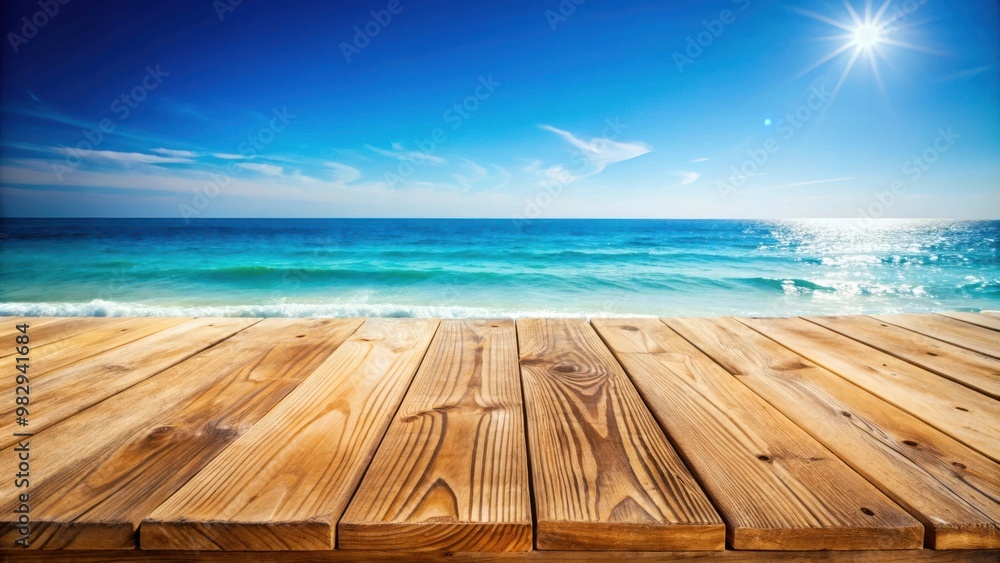 Summery Seaside Wooden Tabletop Background with Blue Sea and Clear Sky for Summer Vacations Summery Seaside Wooden Tabletop Background with Blue Sea and Clear Sky for Summer Vacations