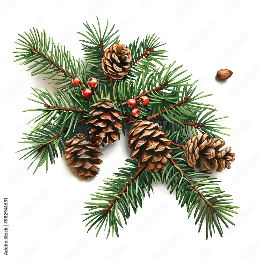 New Year Christmas branches with cones and toys on white background. New Year Christmas branches with cones and toys on white background.