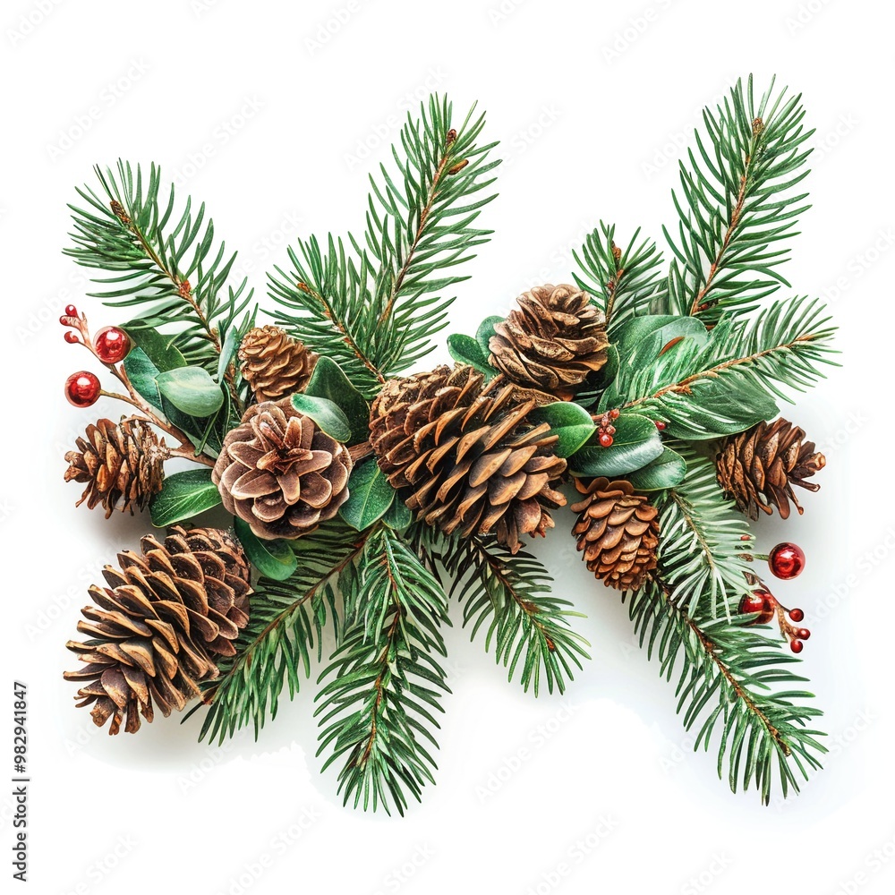 New Year Christmas branches with cones and toys on white background. New Year Christmas branches with cones and toys on white background.