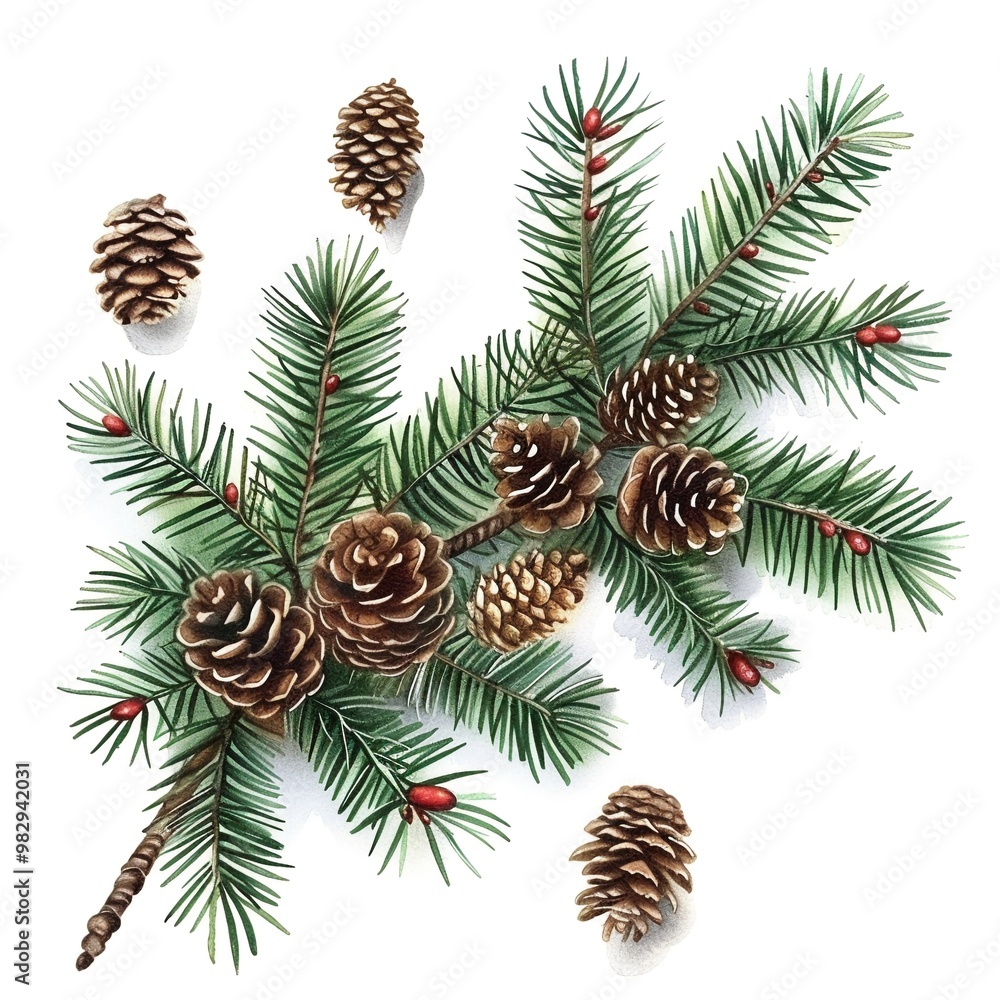 New Year Christmas branches with cones and toys on white background. New Year Christmas branches with cones and toys on white background.