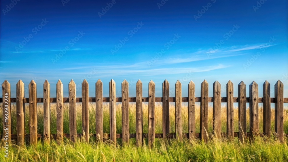 Obraz premium Rustic Wooden Fence against Clear Blue Sky with Copyspace for Text