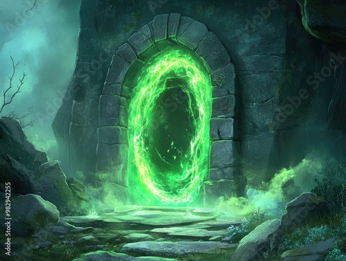 Enchanted portal nestled in a stone setting featuring a glowing entrance with green plasma and mist swirls set against a mysterious backdrop Fantasy themed 2D illustration photo