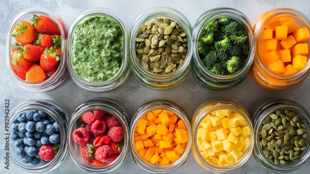 Colorful Array of Fresh Fruits, Vegetables, and Seeds in Jars Colorful Array of Fresh Fruits, Vegetables, and Seeds in Jars