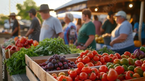 Busy farmers market with stalls full of fresh produce, vibrant colors of fruits and vegetables, people browsing and buying, sense of community and healthy living, outdoor setting