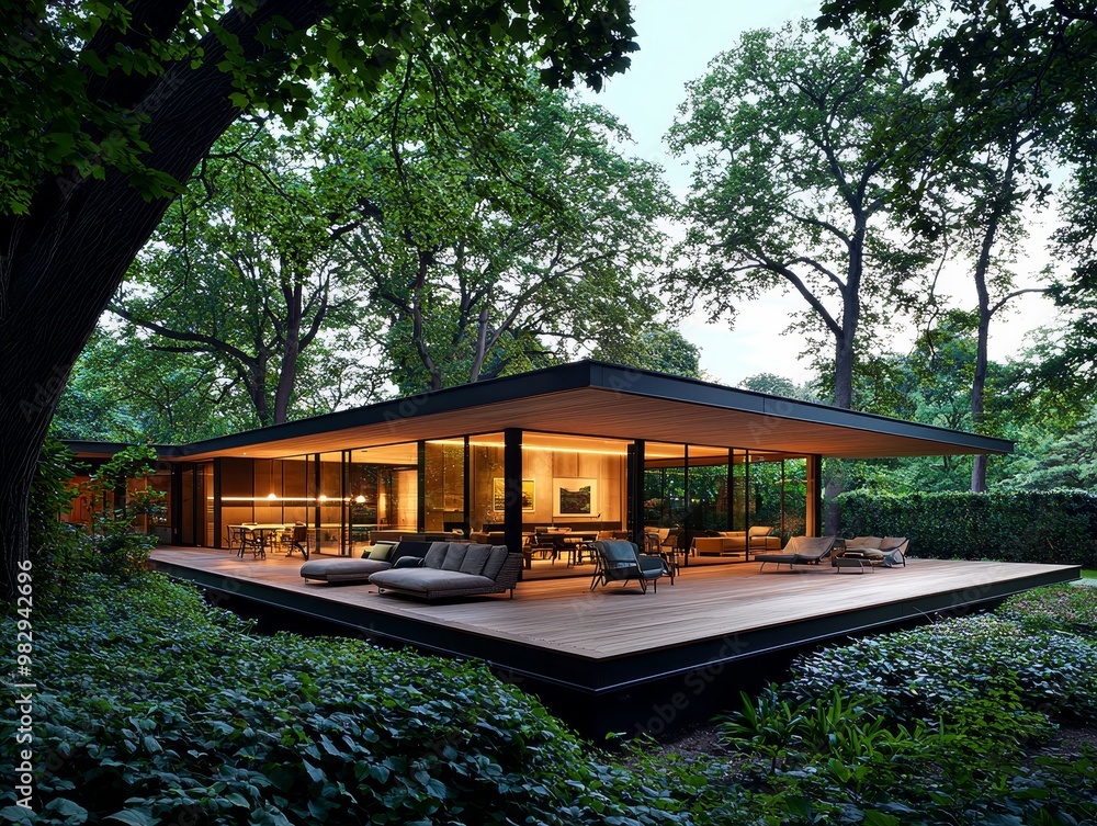 Tranquil Forest Retreat Modern Minimalist House in Verdant Setting, Serene Nature Escape with Warm Interior Glow, Architectural Harmony with Lush Greenery Real Estate, Interior Design Tranquil Forest Retreat Modern Minimalist House in Verdant Setting, Serene Nature Escape with Warm Interior Glow, Architectural Harmony with Lush Greenery Real Estate, Interior Design
