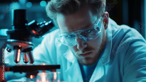 Dedicated scientist in protective eyewear intensely focuses on microscope analysis in dimly lit laboratory, surrounded by glowing equipment and samples.