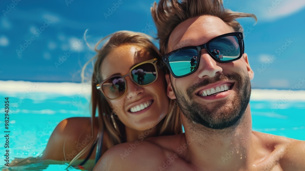 A happy couple poses together in sparkling turquoise water, wearing sunglasses and smiling broadly. The bright sunlight enhances their joyful expressions on a beautiful day by the beach A happy couple poses together in sparkling turquoise water, wearing sunglasses and smiling broadly. The bright sunlight enhances their joyful expressions on a beautiful day by the beach