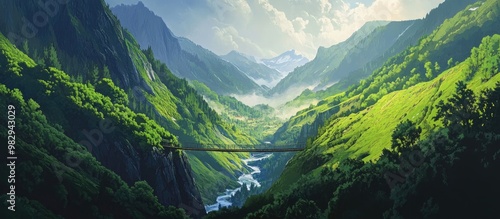 Painting of a scenic valley featuring a suspension bridge over a river embraced by lush green mountains and valleys