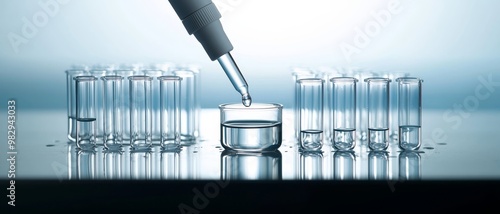 Precise Science Close-up of Pipette Dropping Liquid into Glass Beaker in Laboratory Setting. Meticulous Experimentation Concept, Cool Blue Palette. Reflective Surfaces and Orderly Test Tubes. photo