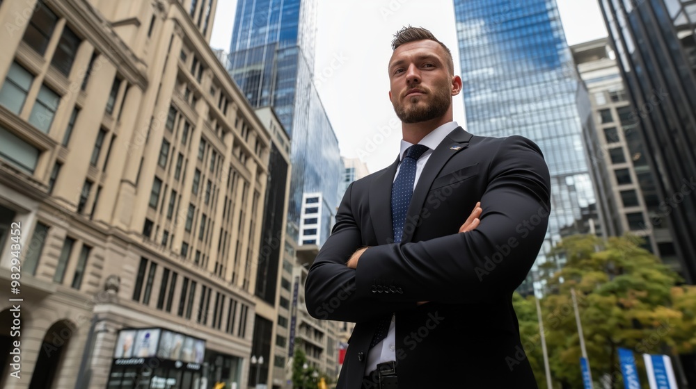 A businessman stands confidently with his arms crossed, showcasing determination against a backdrop of towering skyscrapers and a lively city atmosphere A businessman stands confidently with his arms crossed, showcasing determination against a backdrop of towering skyscrapers and a lively city atmosphere