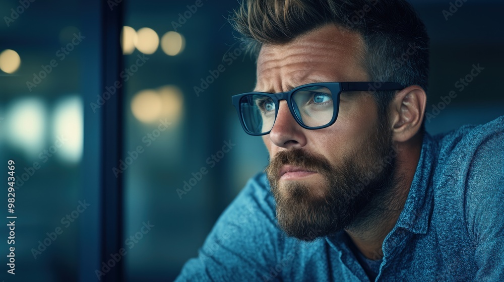 A man with a well-groomed beard and stylish glasses sits pensively, staring out of a dimly lit room as evening light filters through the window, creating a serene atmosphere for contemplation A man with a well-groomed beard and stylish glasses sits pensively, staring out of a dimly lit room as evening light filters through the window, creating a serene atmosphere for contemplation