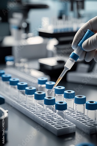 Precision Science Lab Closeup of Pipette Transferring Liquid into Glass Vials in Blurry Laboratory Environment. Scientific Research and Medical Concept in Muted Tones. Clean, Detailed Stock