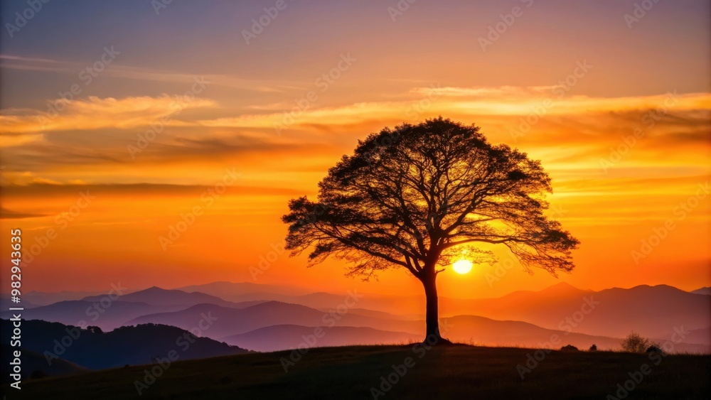 Twilight tree silhouette set against setting sun and mountain landscape in nature Twilight tree silhouette set against setting sun and mountain landscape in nature