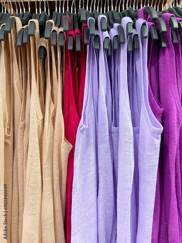 Fashion clothes on clothing rack - bright colorful closet. Closeup of multicolored trendy female wear on hangers in store closet. Summer wardrobe. Fashion clothes on clothing rack - bright colorful closet. Closeup of multicolored trendy female wear on hangers in store closet. Summer wardrobe.