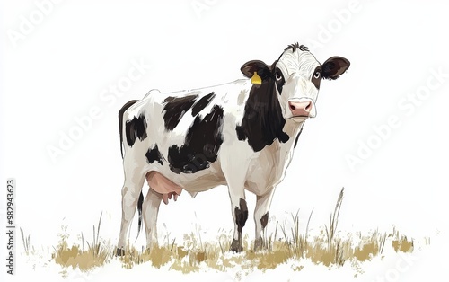 painted drawing illustration of cow. Happy pretty funny. On white background. Kids book style 