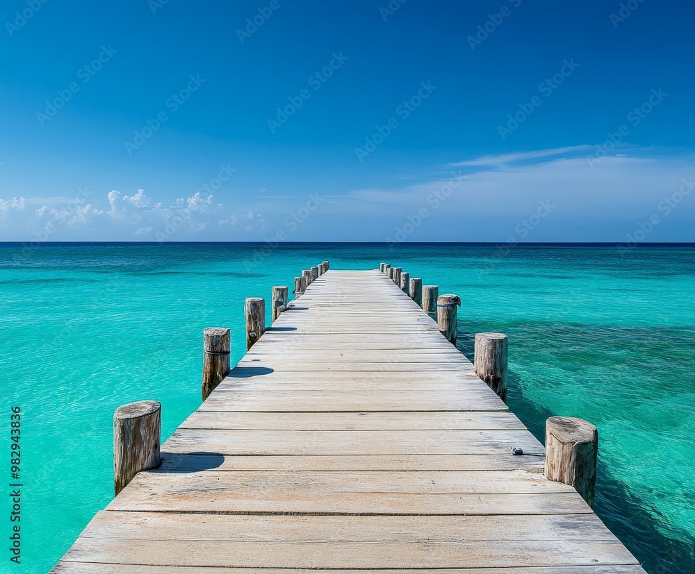 A wooden pier with a blue ocean in the background A wooden pier with a blue ocean in the background