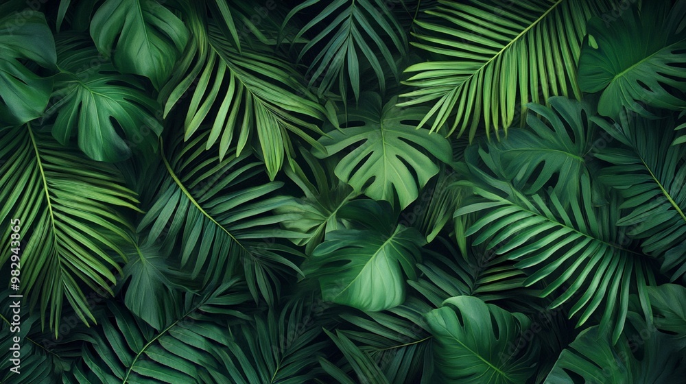 Lush tropical foliage creates a dense, verdant backdrop of palm fronds and monstera leaves, evoking a sense of exotic wilderness and natural abundance. Lush tropical foliage creates a dense, verdant backdrop of palm fronds and monstera leaves, evoking a sense of exotic wilderness and natural abundance.
