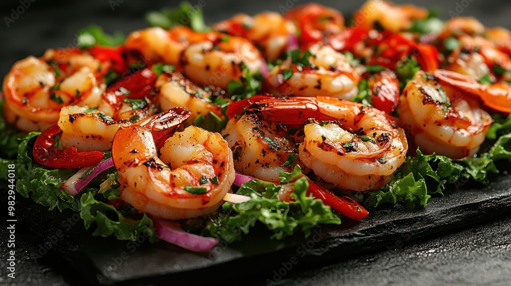 Succulent grilled shrimp alongside vibrant peppers and fresh greens awaits your delight Succulent grilled shrimp alongside vibrant peppers and fresh greens awaits your delight