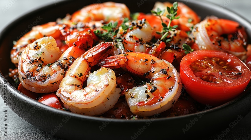 Succulent shrimp seasoned with herbs and spices alongside vibrant tomatoes Succulent shrimp seasoned with herbs and spices alongside vibrant tomatoes