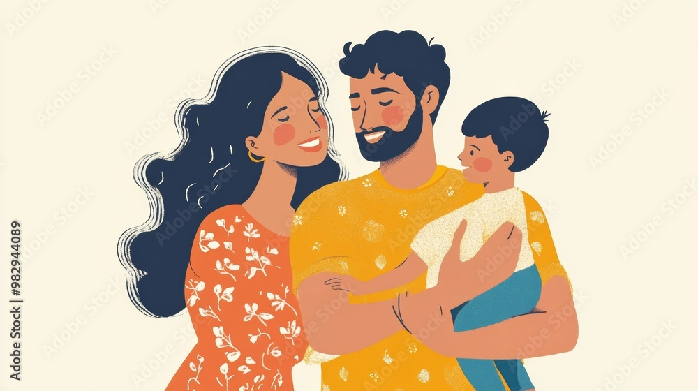 A joyful family scene with parents and child sharing a warm embrace, conveying love and togetherness. A joyful family scene with parents and child sharing a warm embrace, conveying love and togetherness.
