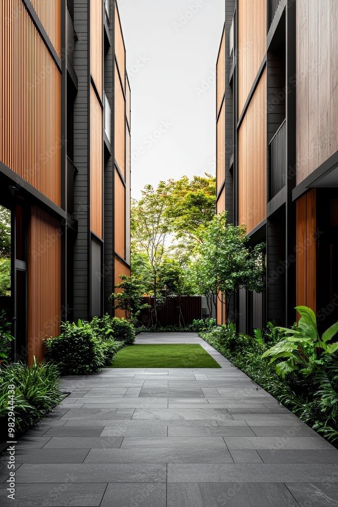 Tranquil Urban Oasis Symmetrical Walkway with Green Space, Modern Buildings, Earthy Tones. Peaceful Architecture Photo for Design, Real Estate, Inspiration Tranquil Urban Oasis Symmetrical Walkway with Green Space, Modern Buildings, Earthy Tones. Peaceful Architecture Photo for Design, Real Estate, Inspiration