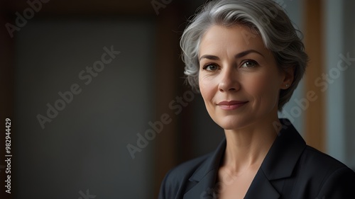 a middle-aged business woman with confidence, large space for copy photo