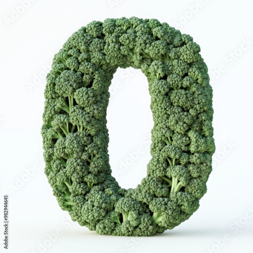 3D number 0 with broccoli texture realistic modern design, soft lighting, white background