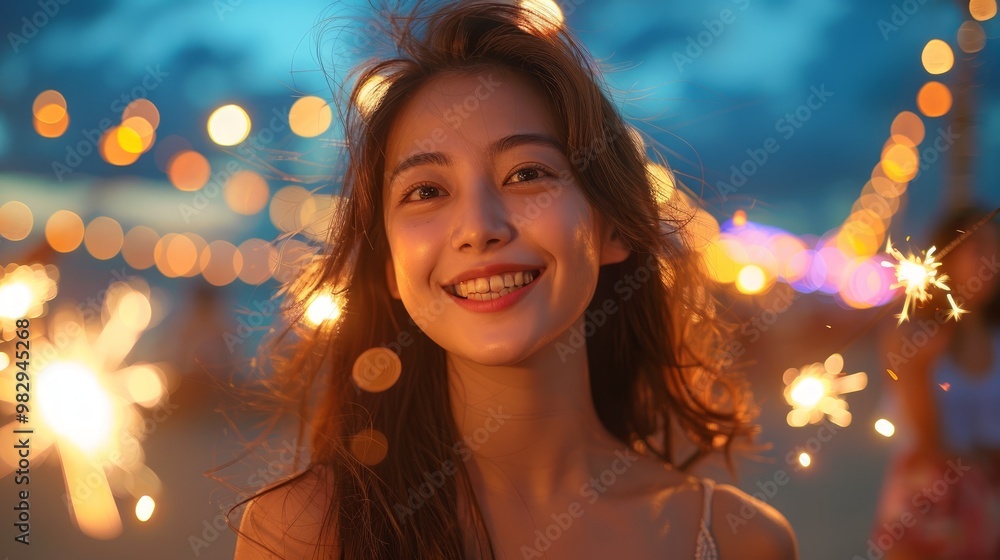 Group of Happy Young Asian woman playing sparklers firework together at tropical beach in summer night. Group of Happy Young Asian woman playing sparklers firework together at tropical beach in summer night.