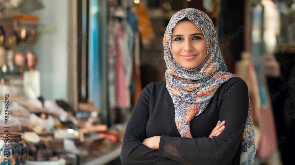 A woman wearing a colorful hijab smiles confidently in front of a shop filled with various crafts and items. A woman wearing a colorful hijab smiles confidently in front of a shop filled with various crafts and items.
