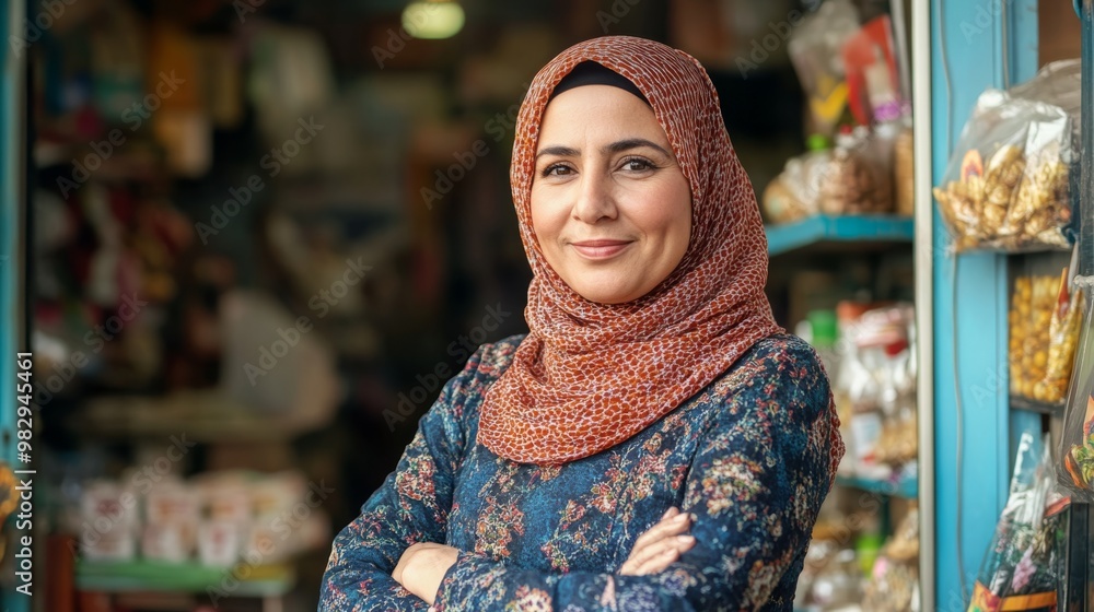 A confident woman in a colorful hijab stands in front of her shop, showcasing her entrepreneurial spirit in a vibrant market setting.