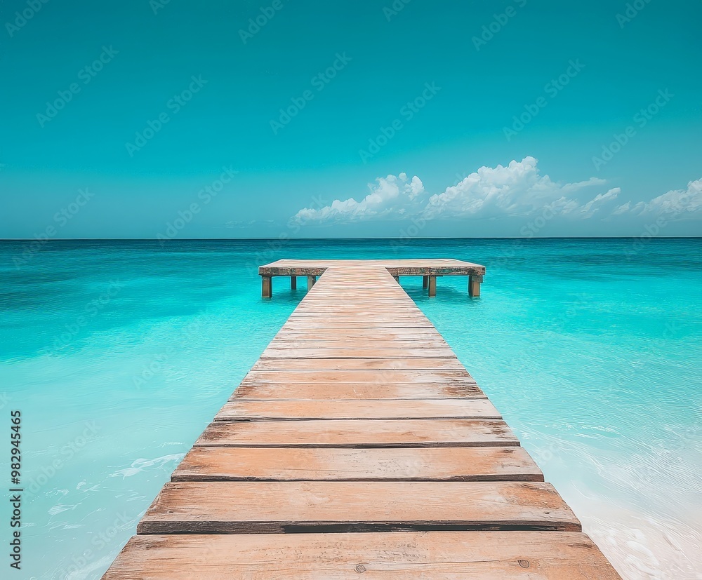 A wooden pier is in the water with a beautiful blue ocean in the background A wooden pier is in the water with a beautiful blue ocean in the background
