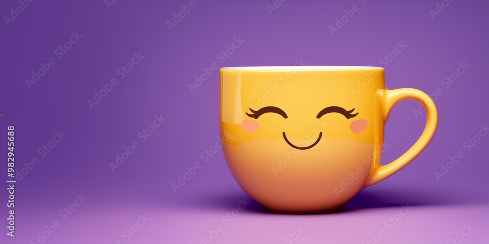 Yellow coffee cup smiling face on purple background Yellow coffee cup smiling face on purple background
