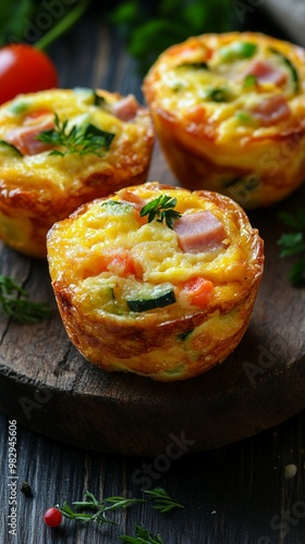 Delicious mini egg muffins with ham, cheese, and vegetables on a rustic wooden board. Perfect for breakfast or brunch, these savory bites are packed with flavor.