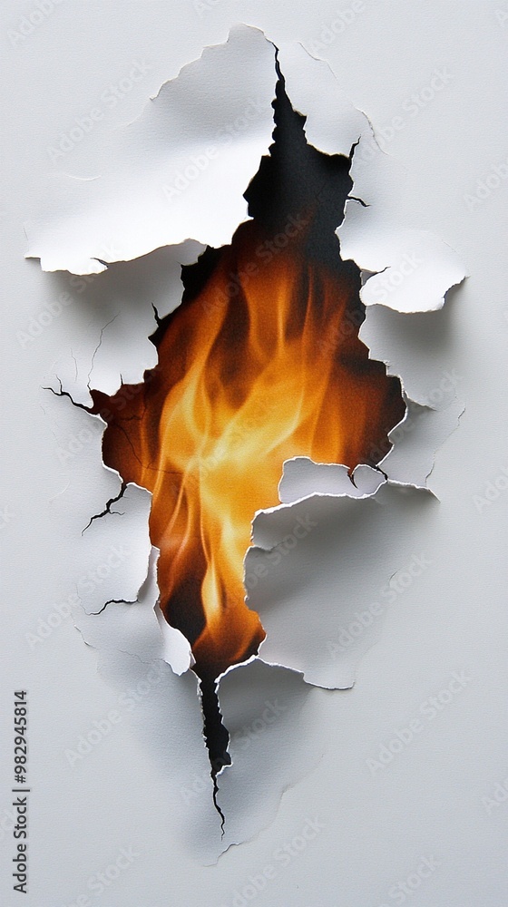 Fiery flames burst through a jagged tear in white paper, creating a striking contrast of heat and cold. The illusion of depth adds drama to this conceptual image.
