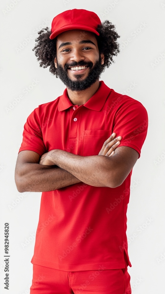 Cheerful man with curly hair and beard wearing bright red polo shirt and matching cap, arms crossed confidently against white background. Cheerful man with curly hair and beard wearing bright red polo shirt and matching cap, arms crossed confidently against white background.