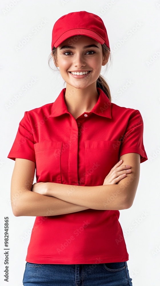 Cheerful service industry worker in vibrant red uniform polo and cap, arms crossed confidently against white background, radiating friendly professionalism. Cheerful service industry worker in vibrant red uniform polo and cap, arms crossed confidently against white background, radiating friendly professionalism.