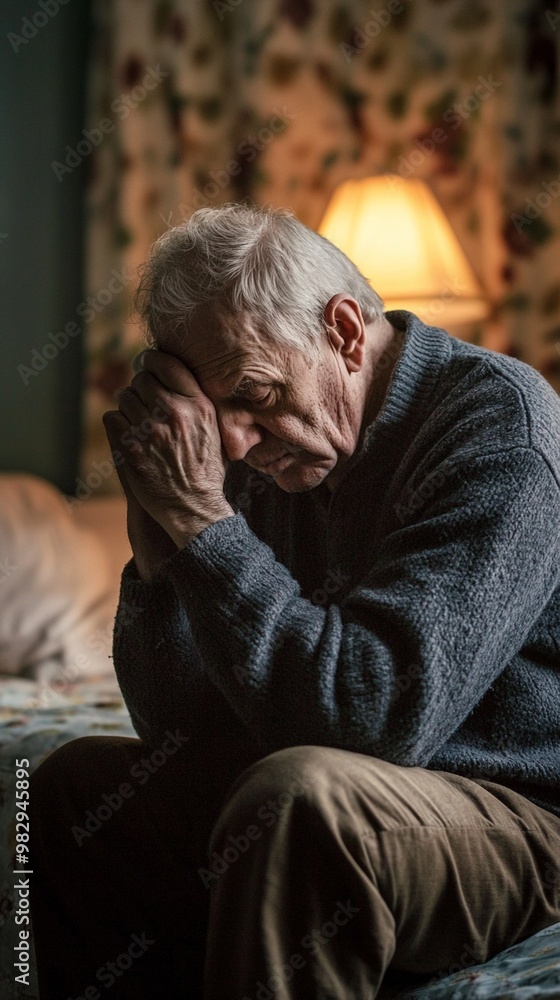 Elderly man in dimly lit room, head in hands, conveying deep sorrow or distress. Warm lamp glow in background creates poignant atmosphere of solitude and reflection. Elderly man in dimly lit room, head in hands, conveying deep sorrow or distress. Warm lamp glow in background creates poignant atmosphere of solitude and reflection.