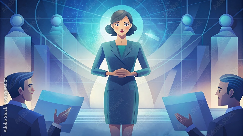 A businesswoman, giving a media interview in a high-tech studio
A businesswoman, giving a media interview in a high-tech studio