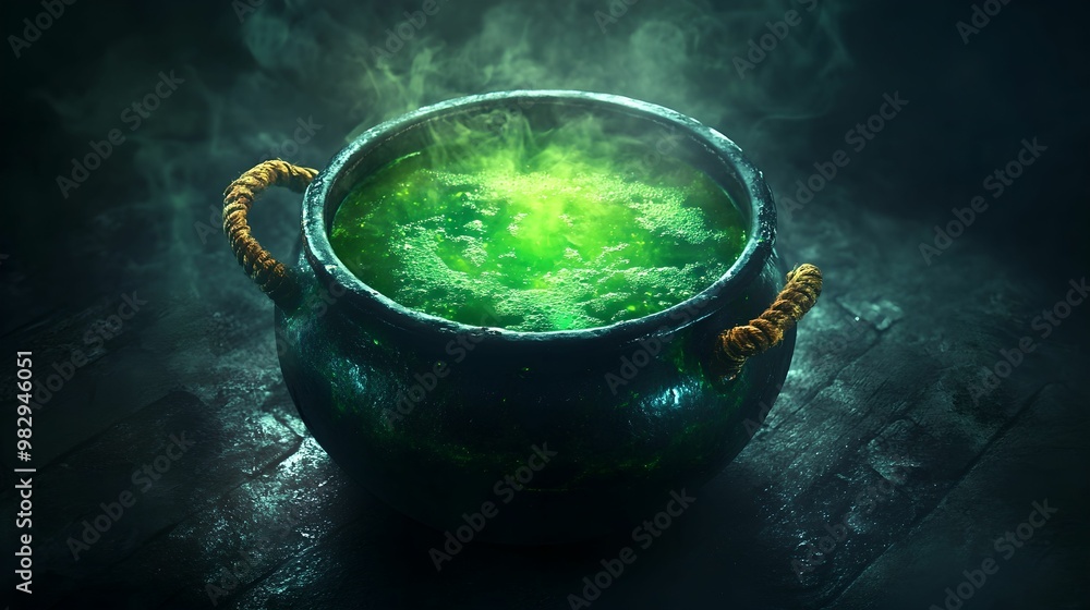 Enchanted Cauldron with Green Potion, mystical, bubbling, dark, surface Enchanted Cauldron with Green Potion, mystical, bubbling, dark, surface