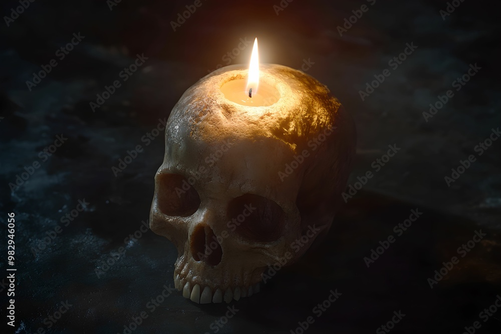 Skull with Flickering Candle in Darkness, dark, shadow, light, eerie Skull with Flickering Candle in Darkness, dark, shadow, light, eerie