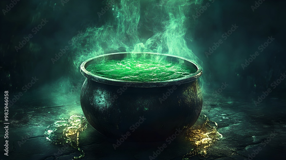 Enchanted Cauldron with Green Potion, mystical, bubbling, dark, surface Enchanted Cauldron with Green Potion, mystical, bubbling, dark, surface