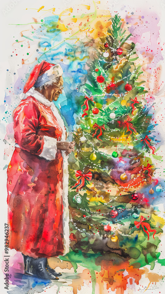 Naklejka premium Elderly African American Woman in Santa Costume Decorating Christmas Tree. Concept of Holiday Festivities, Winter Celebration, Festive Spirit. Vertical