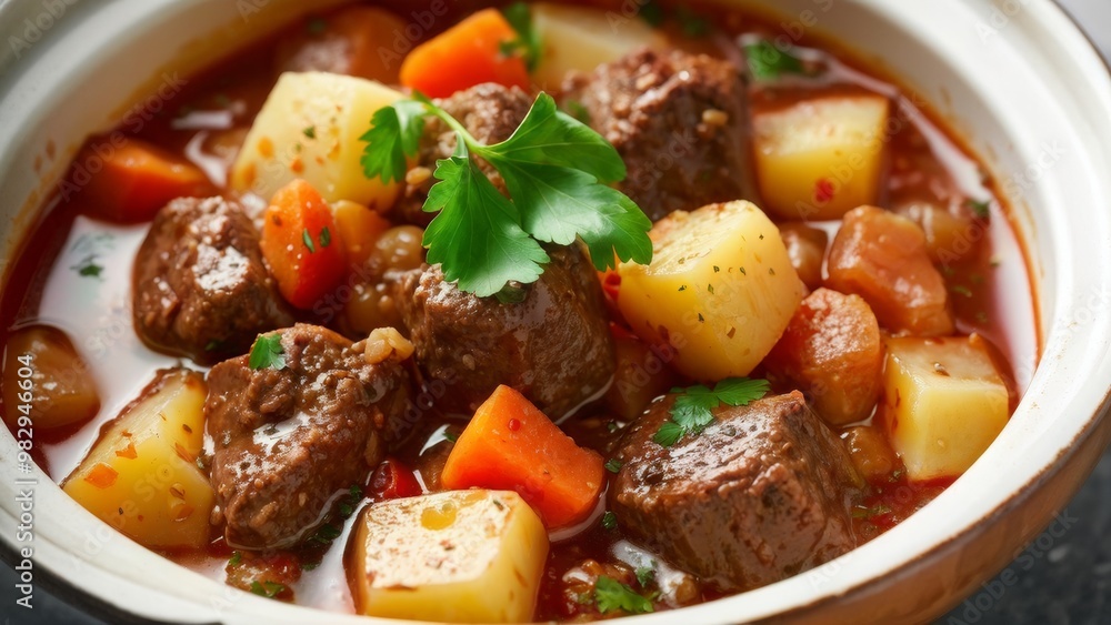 A dish with a hearty beef stew stuffed with tender pieces of meat, carrots, potatoes and pearl onions, sprinkled with chopped parsley on top. A dish with a hearty beef stew stuffed with tender pieces of meat, carrots, potatoes and pearl onions, sprinkled with chopped parsley on top.