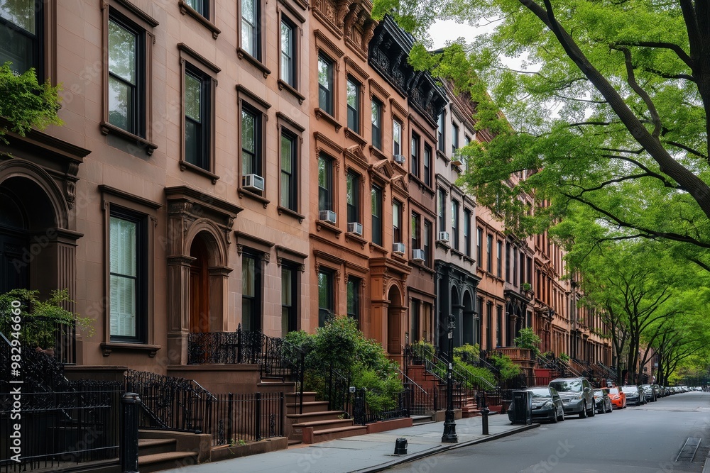 Row of classic brownstone buildings with black windows and stoops, lined up along a quiet tree-lined street with parked cars. Row of classic brownstone buildings with black windows and stoops, lined up along a quiet tree-lined street with parked cars.